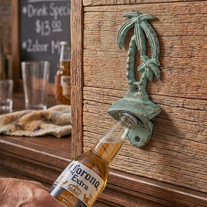 Cast Iron Green Gold Palm Trees Tropical Beer Soda Bottle Opener Wall Mounted