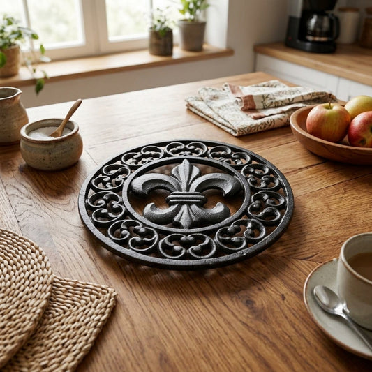 Cast Iron Fleur De Lis Hot Pot Plate Trivet Floral Victorian Style Black 7 3/4"