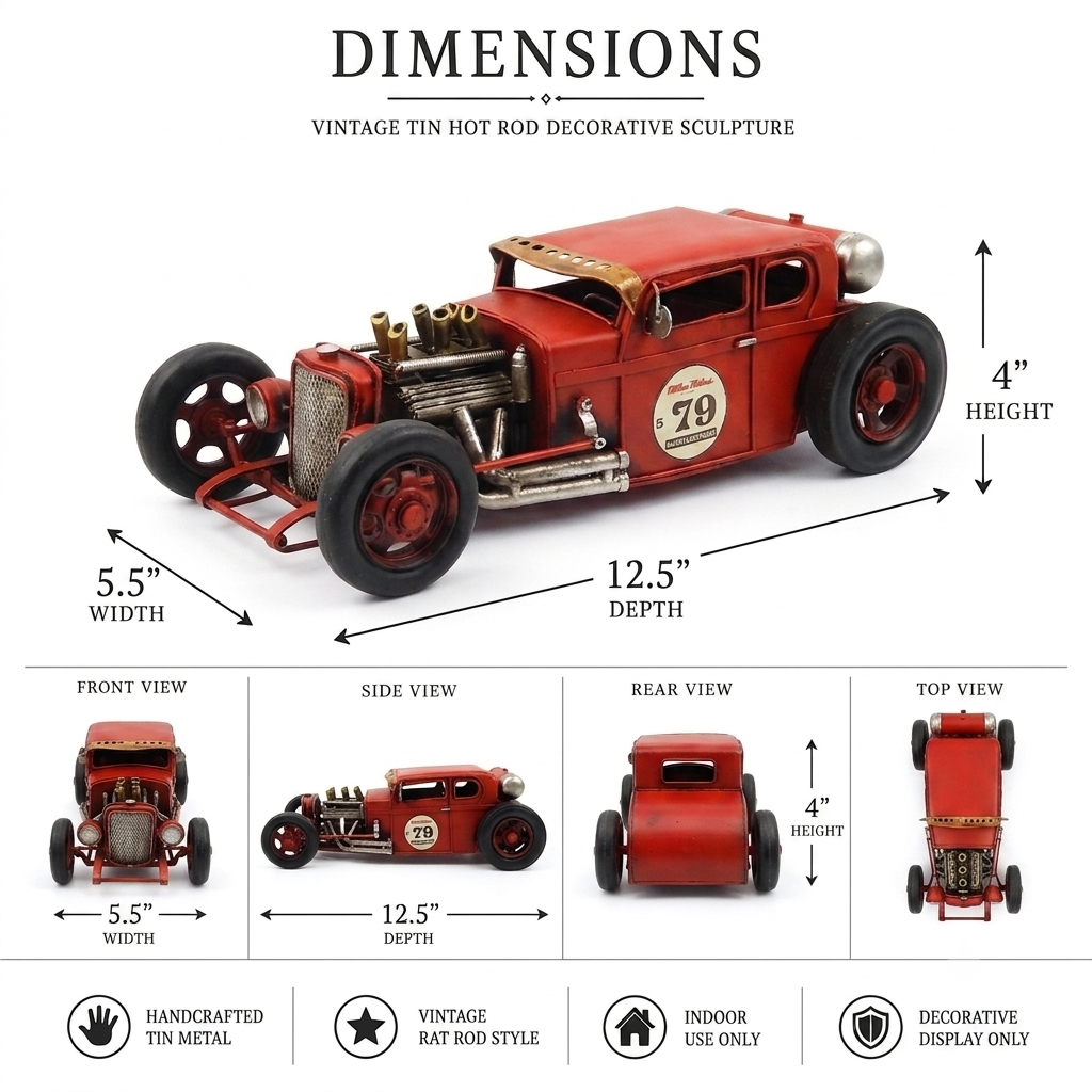 Tin Metal Red Hot Rod Racing Car Figurine Garage Office Shelf Sitter 12 1/2 inch