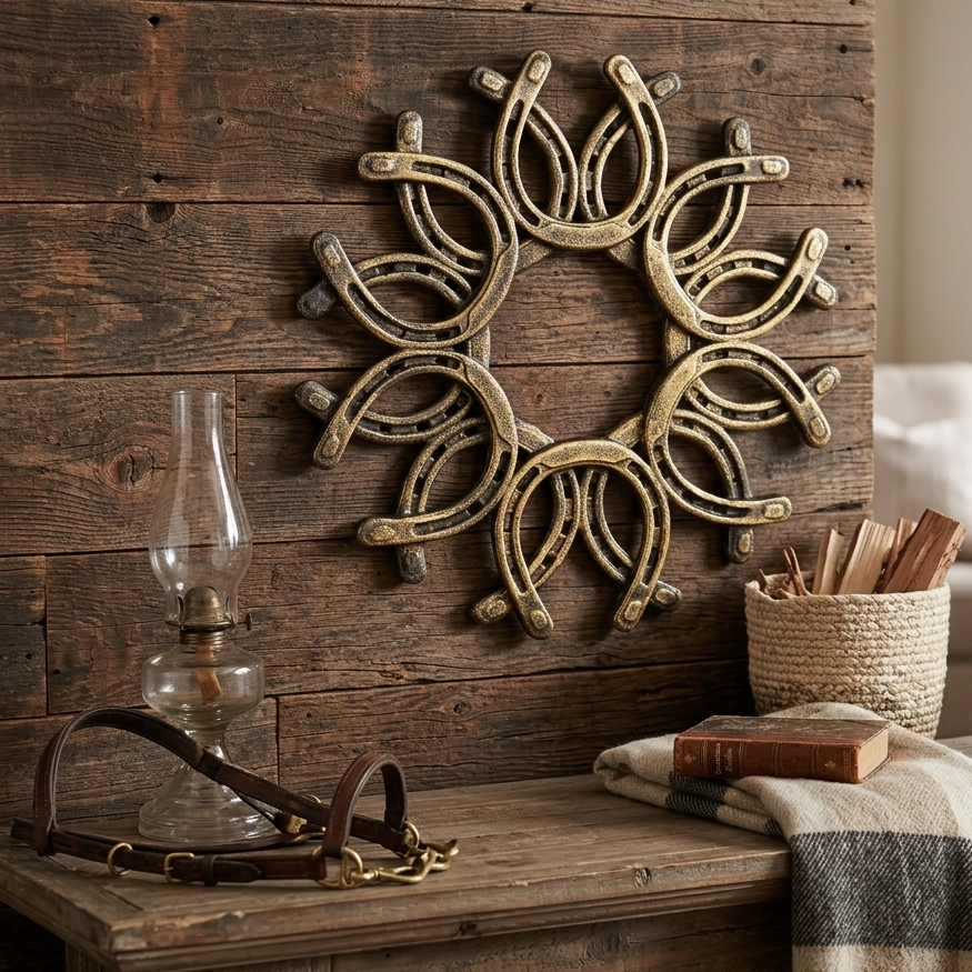 Cast Iron Mandala Lucky Horseshoe Wreath Wall Art Decor Antique Gold 13 inch