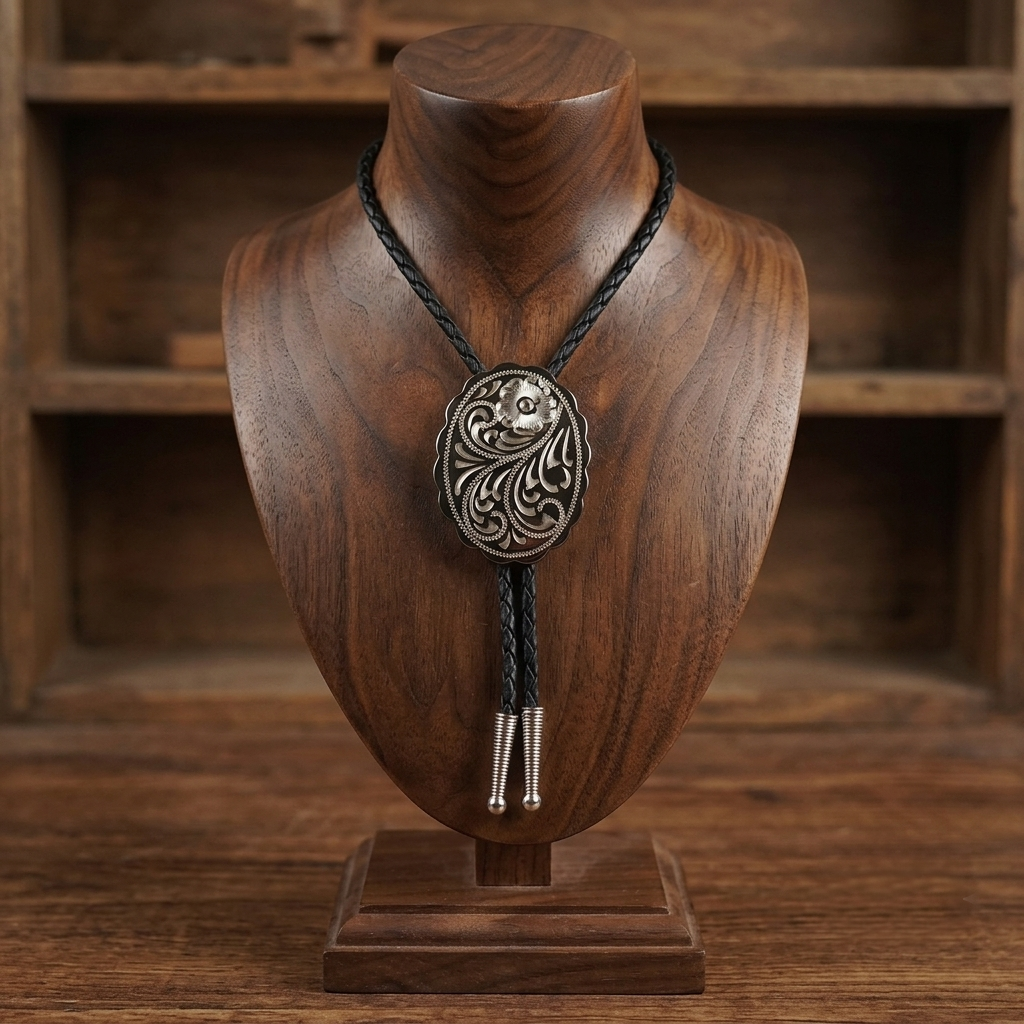 Engraved Floral Bolo Tie Adjustable 36" Cord USA Made Western German Silver