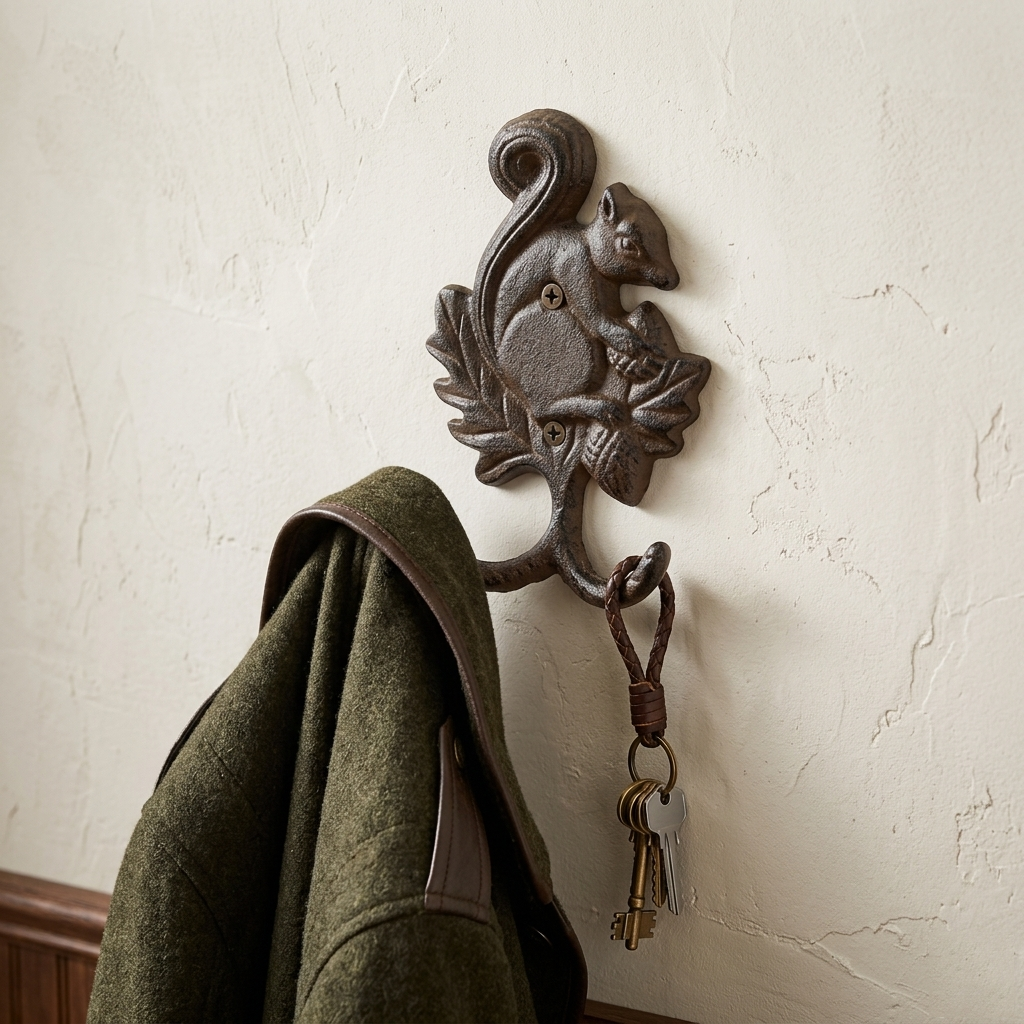Squirrel Holding Acorn Wall Hook Key Towel Coat Rack Hanger Rustic Brown Iron 6"