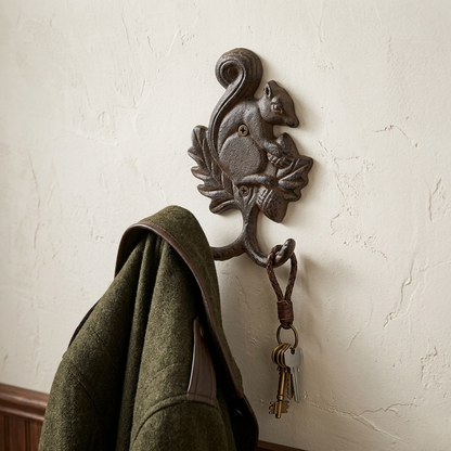 Squirrel Holding Acorn Wall Hook Key Towel Coat Rack Hanger Rustic Brown Iron 6"