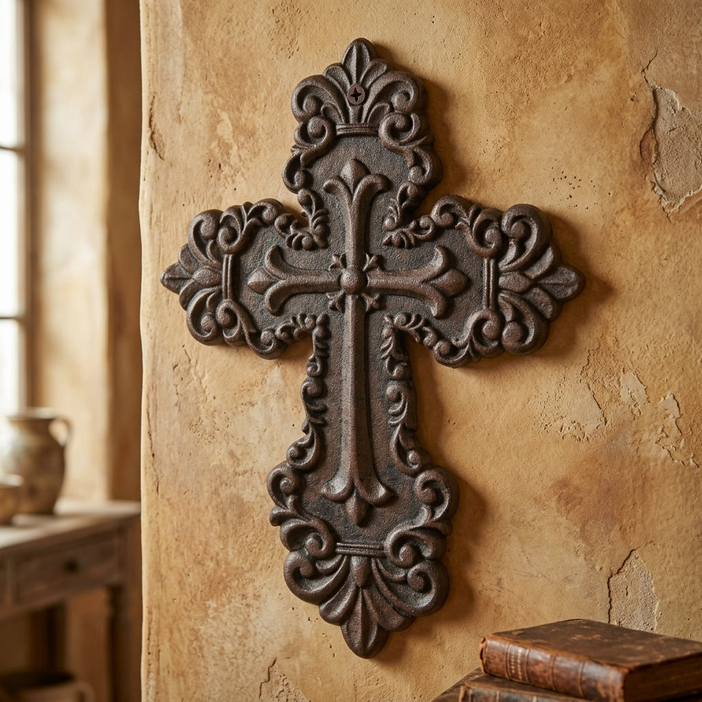 Fleur De Lis Cast Iron Wall Cross Layered Floral Design Rustic Brown 11”x8”
