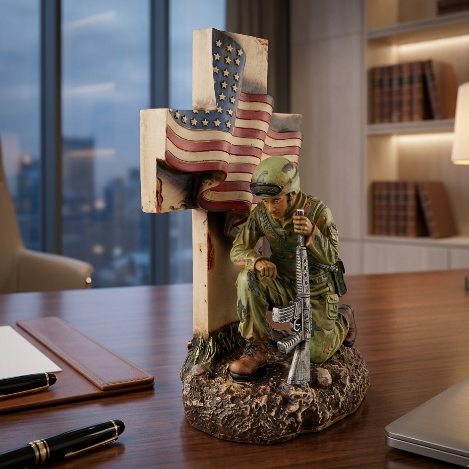 Kneeling Soldier Figurine American Flag Religious Cross Patriotic Decor 10 inch
