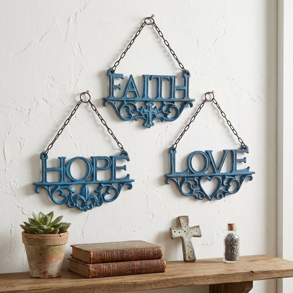 3 Cast Iron Faith, Hope, Love Wall Decor Inspirational Hanging Signs Rustic Blue