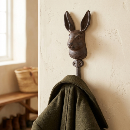Rabbit Bunny Hare Wall Hook Cast Iron Key Towel Coat Leash Robe Hanger Brown