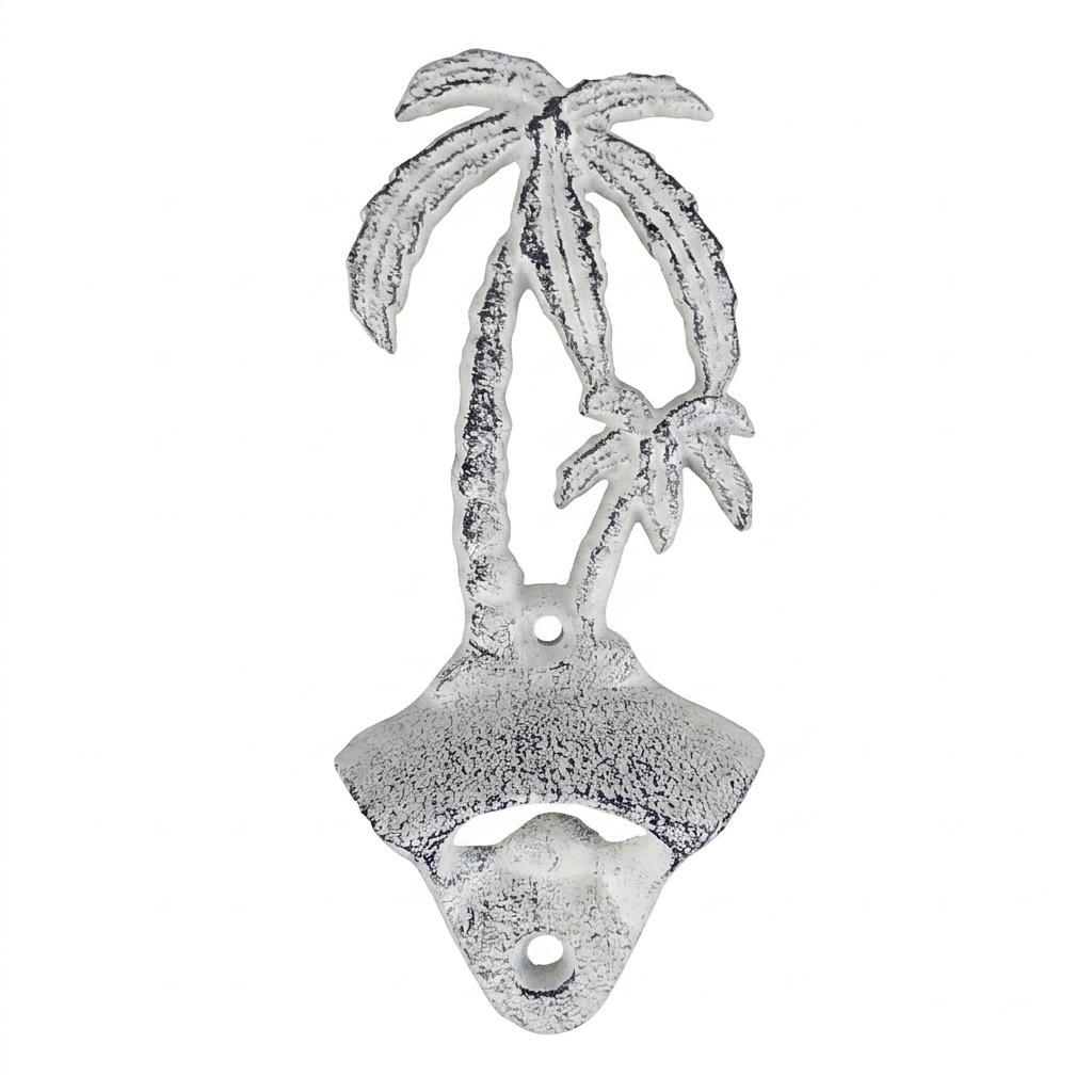 Palm Trees Bottle Opener Beer Soda Cast Iron Wall Mounted Rustic Off-White