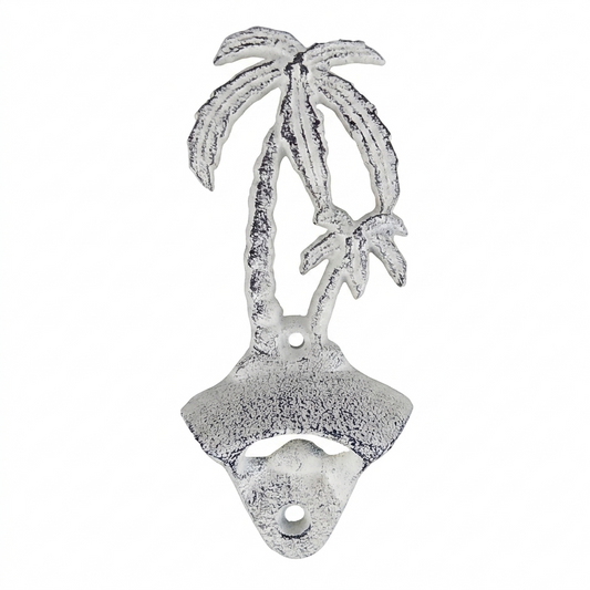 Palm Trees Bottle Opener Beer Soda Cast Iron Wall Mounted Rustic Off-White