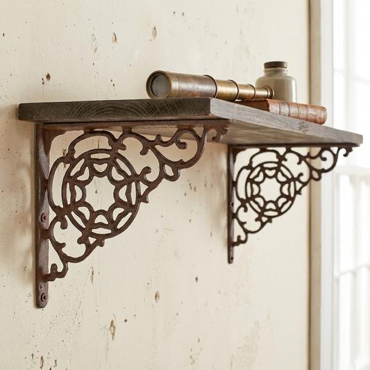 2 Rustic Cast Iron Scrolls Web Shelf Brackets Ornate Corner Brace 9 x 7 1/4 inch