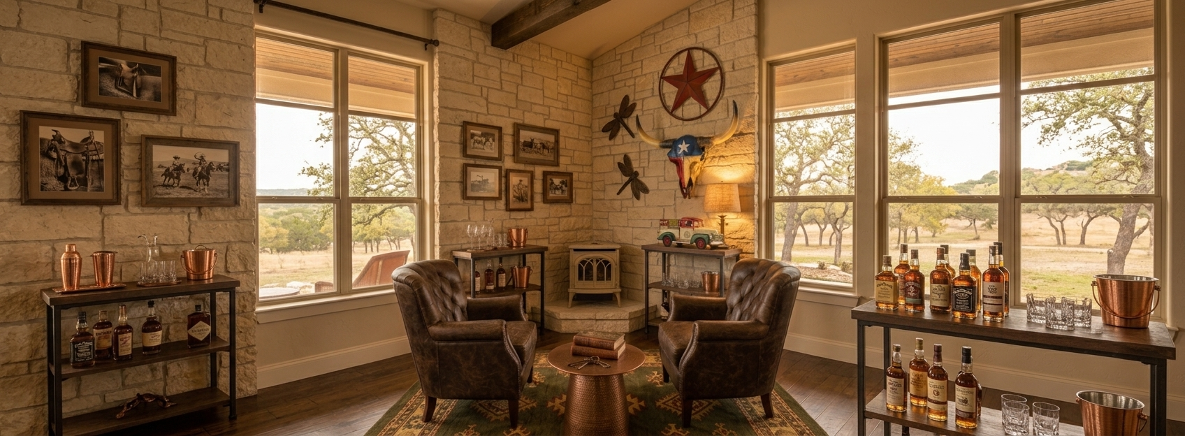 A rustic, western-themed bar and lounge interior with two dark leather armchairs facing a small round table, a bar cart stocked with bottles, and large windows looking out onto trees. The room has exposed wood ceiling beams, a stone wall, framed western artwork, and a red star wall decoration.