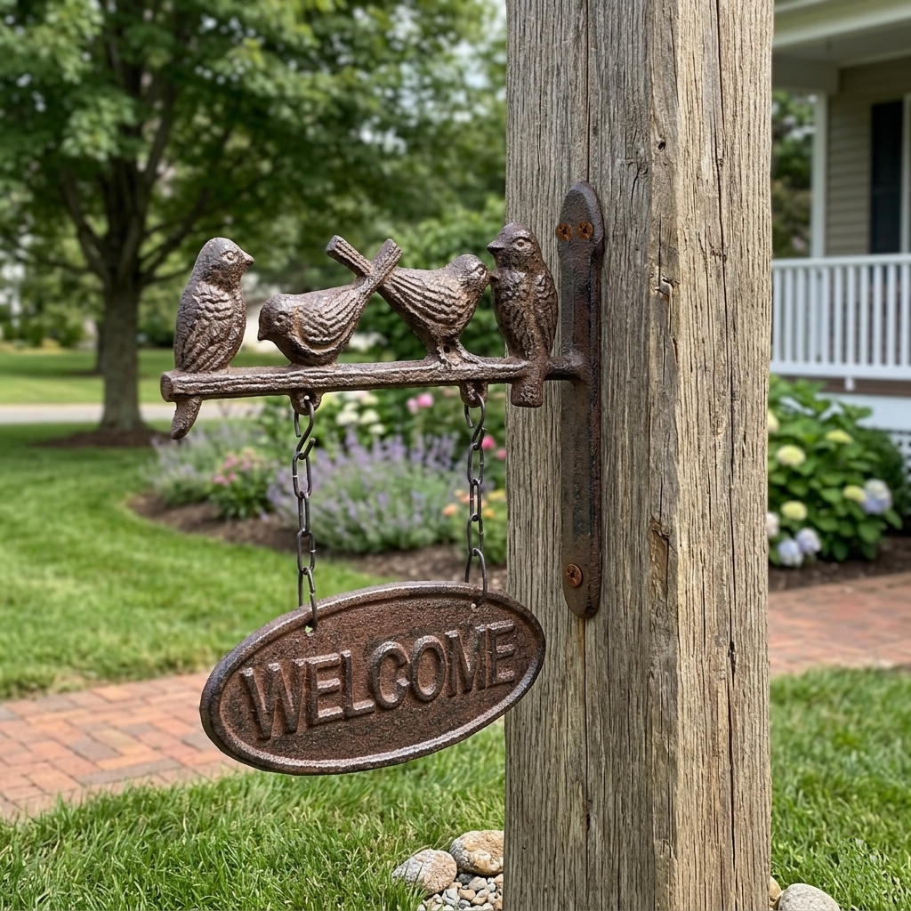 Bird Welcome Goodbye Sign Cast Iron Wall Mount Rustic Antique Style Double Sided