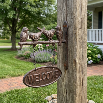 Bird Welcome Goodbye Sign Cast Iron Wall Mount Rustic Antique Style Double Sided