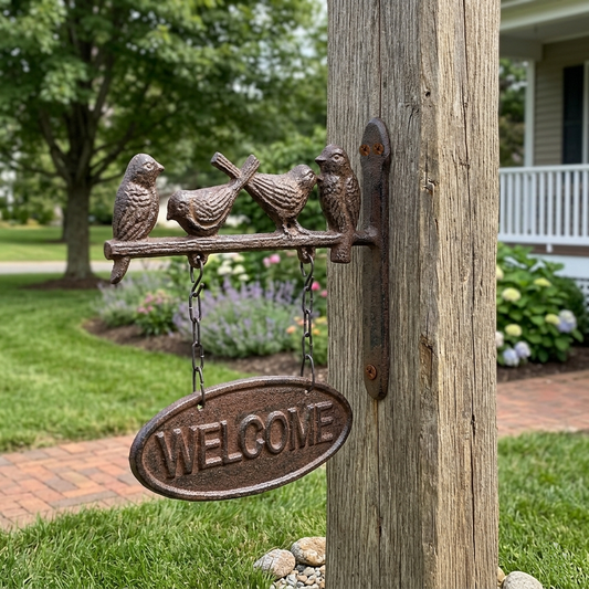 Bird Welcome Goodbye Sign Cast Iron Wall Mount Rustic Antique Style Double Sided