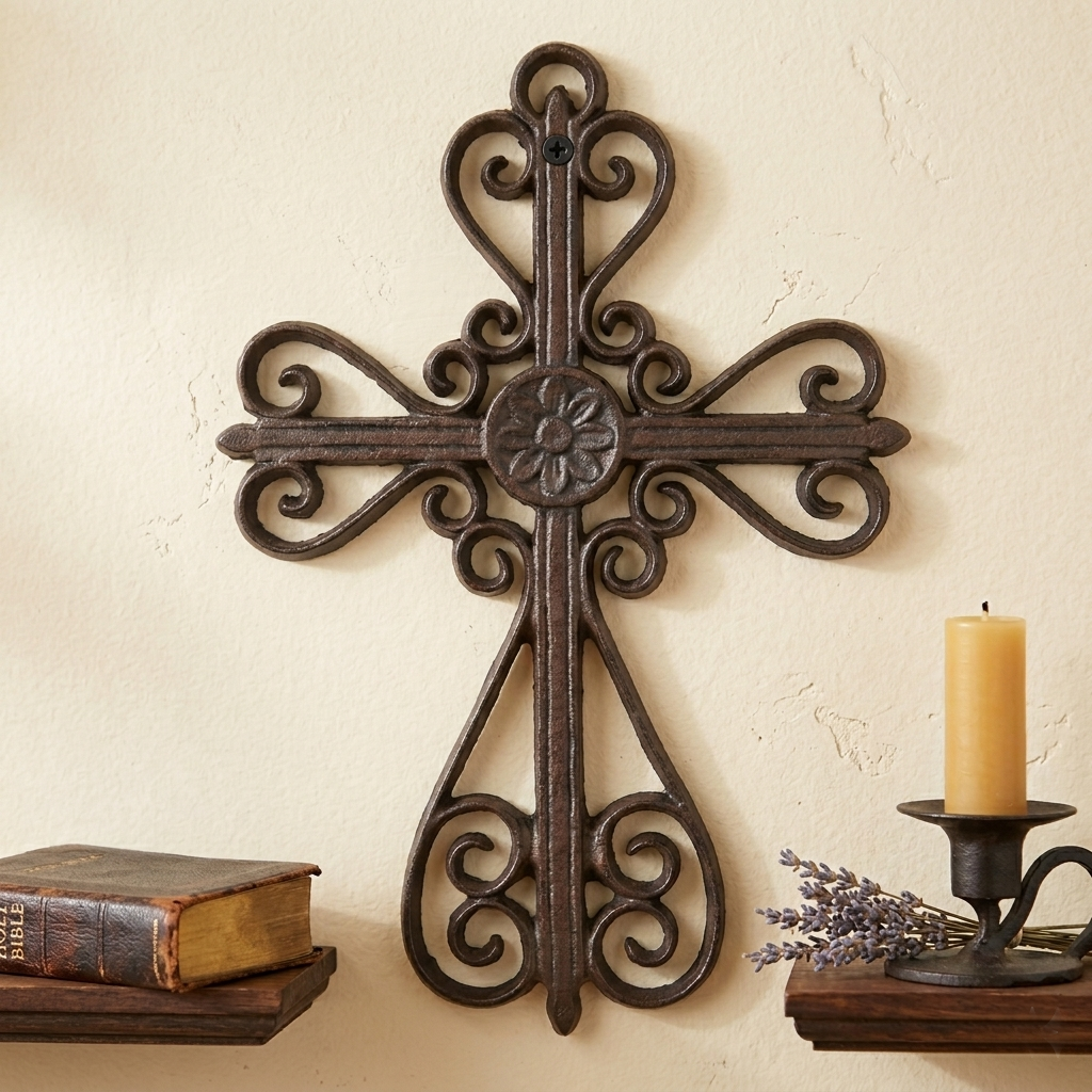 Floral Scrolls Wall Cross Cast Iron Rustic Brown Victorian Style 13 x 9 inch