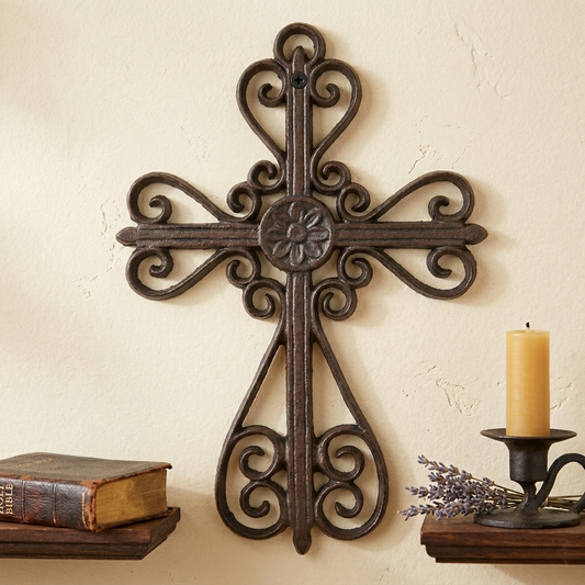 Floral Scrolls Wall Cross Cast Iron Rustic Brown Victorian Style 13 x 9 inch