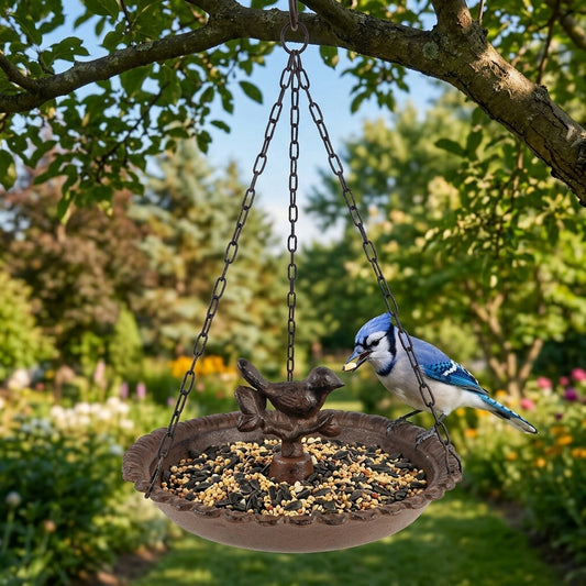 Cast Iron Seed Bird Feeder Dish With Hanging Chain Heavy Duty Garden Tree Decor