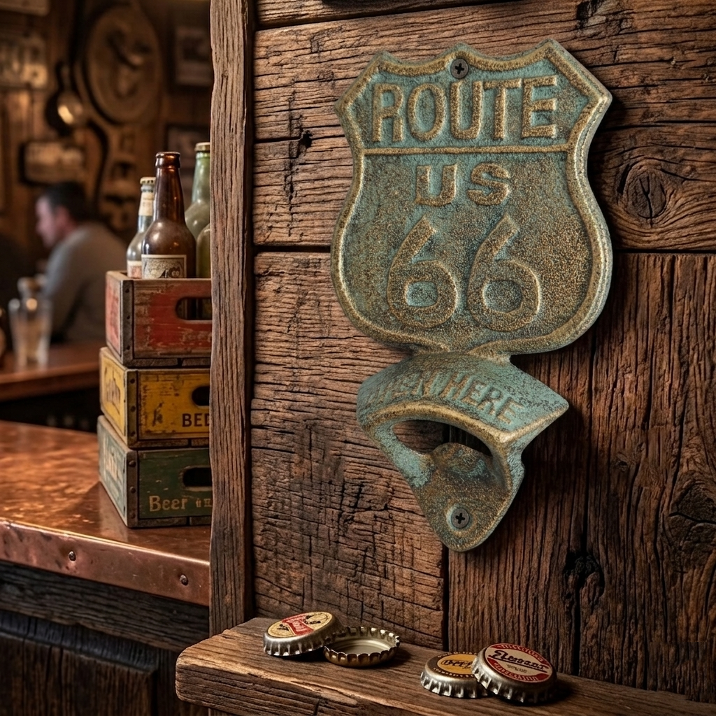 Cast Iron US Route 66 Beer Bottle Opener Wall Mounted Rustic Verdigris Finish