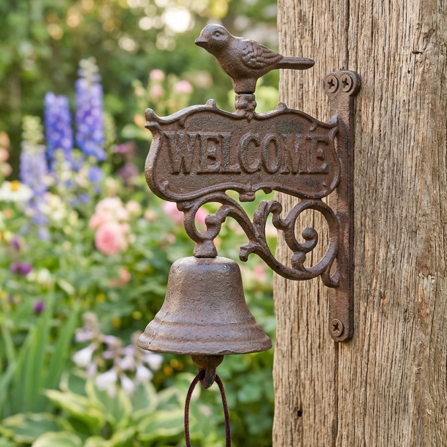 Large Bird Dinner Bell Welcome Heavy Duty Cast Iron Vines Rustic Antique Style