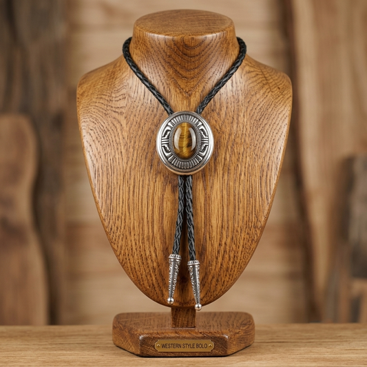 Oval Tiger's Eye Natural Stone Western Bolo Tie Silver Color 40 inch Black Cord