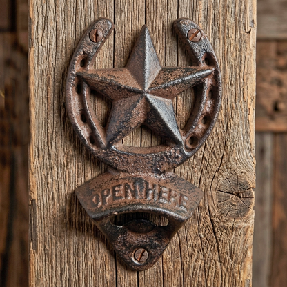 Cast Iron Horseshoe Star Open Here Beer Bottle Opener Wall Mount Rustic Western