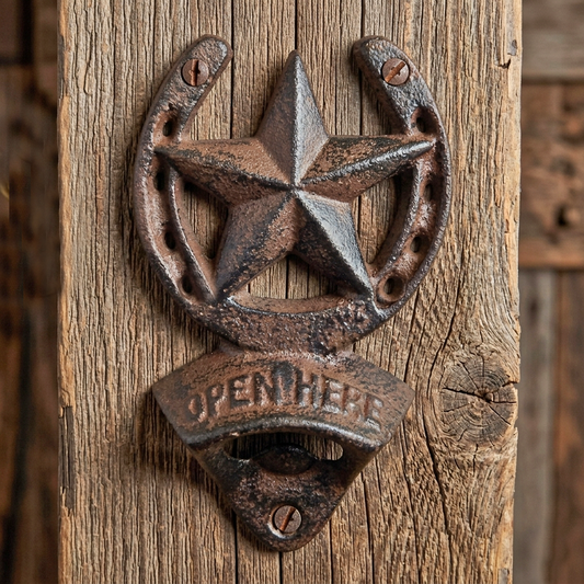 Cast Iron Horseshoe Star Open Here Beer Bottle Opener Wall Mount Rustic Western
