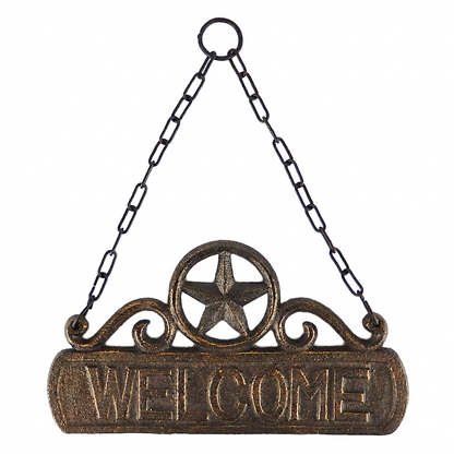 Star Welcome Sign Plaque Scrolls Cast Iron Wall Hanging with Chain Brown Gold