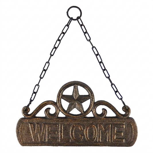 Star Welcome Sign Plaque Scrolls Cast Iron Wall Hanging with Chain Brown Gold