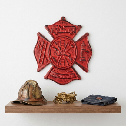 Cast Iron Red Fireman Firefighter Wall Decor Emblem Logo Plaque Maltese Cross