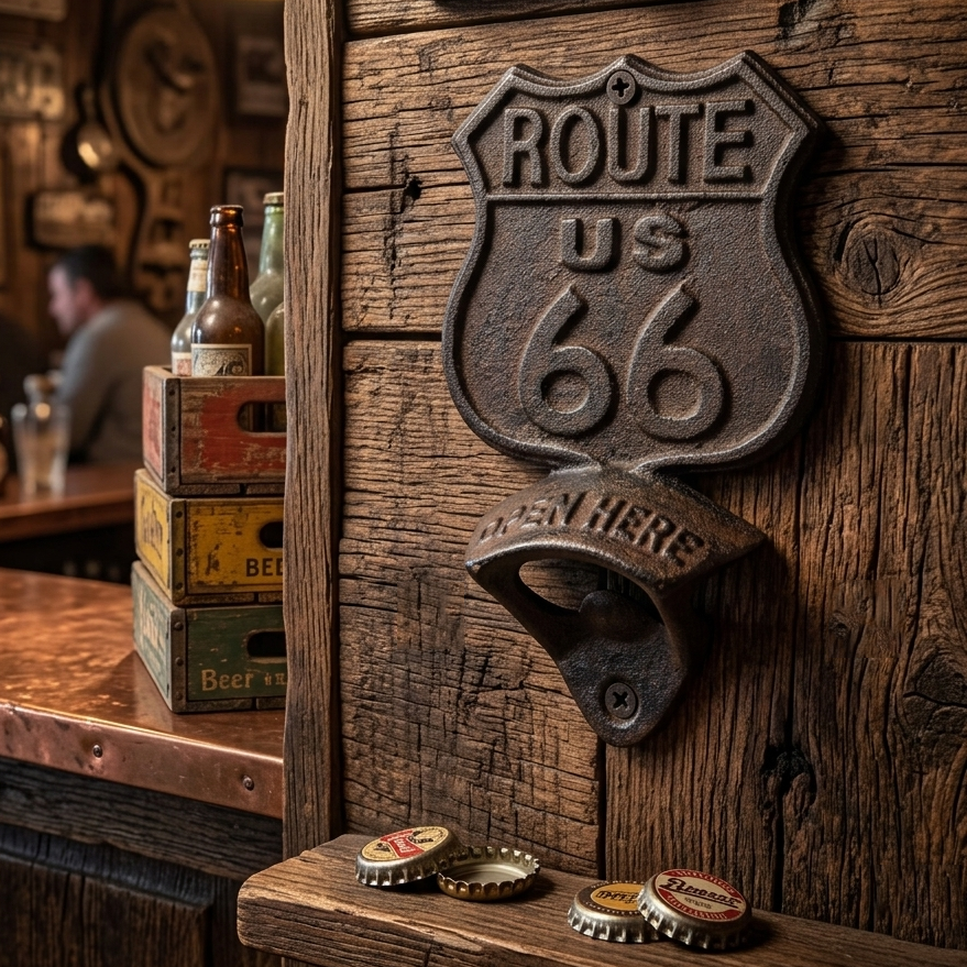 Cast Iron Historic US Route 66 Beer Soda Bottle Opener Wall Mount Antique Brown