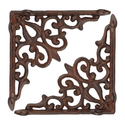 2 Cast Iron Fleur De Lis Vines Shelf Bracket Corner Brace Rustic Brown 5 1/2 in