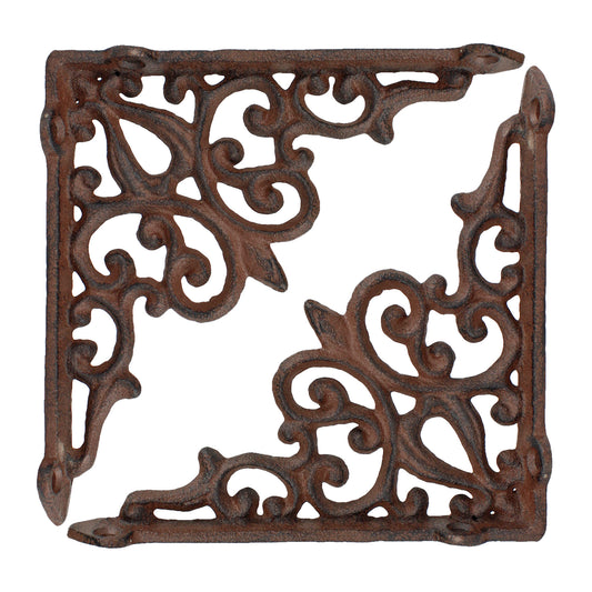 2 Cast Iron Fleur De Lis Vines Shelf Bracket Corner Brace Rustic Brown 5 1/2 in