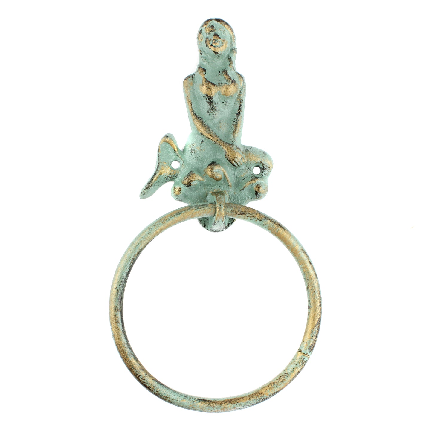 Cast Iron Mermaid Hand Towel Ring Wall Mounted Verdigris Patina Nautical Decor