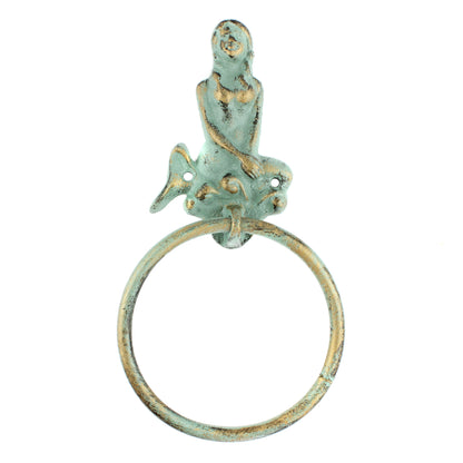 Cast Iron Mermaid Hand Towel Ring Wall Mounted Verdigris Patina Nautical Decor