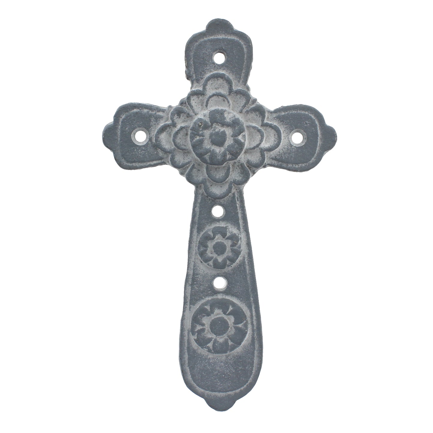 Small Flower Wall Cross Cast Iron Rustic Gray Finish Antique Style 8 x 4.5 inch