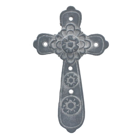 Small Flower Wall Cross Cast Iron Rustic Gray Finish Antique Style 8 x 4.5 inch