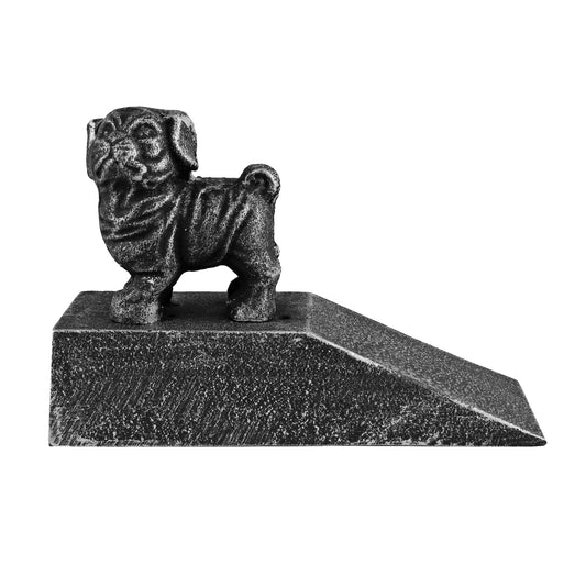 Pug Dog Doorstop Wedge Cast Iron Silver Antique Style Paper Weight Figurine