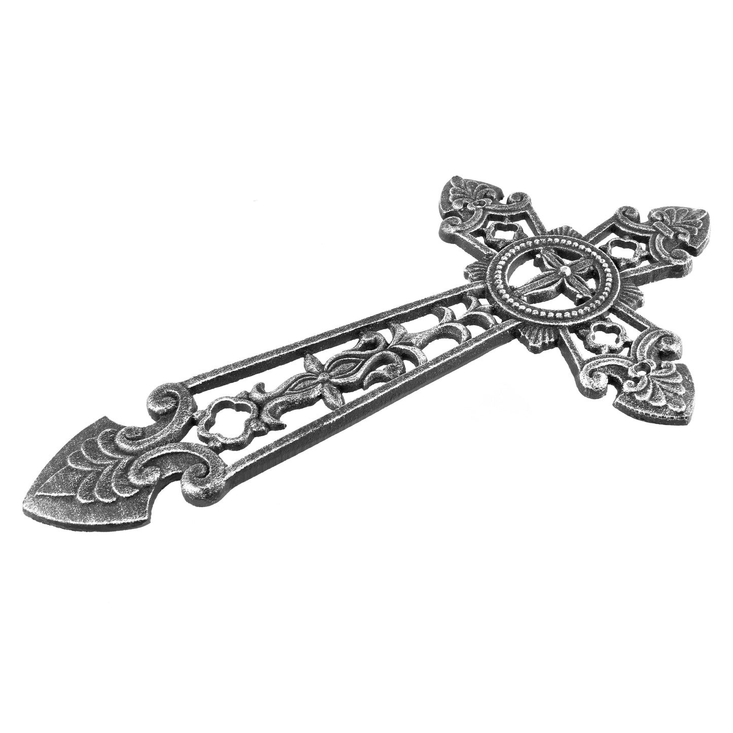 Large Gothic Wall Cross Cast Iron Silver Black Medieval Fleur De Lis 19"