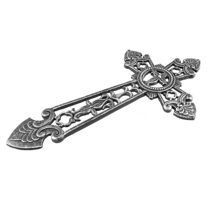 Large Gothic Wall Cross Cast Iron Silver Black Medieval Fleur De Lis 19"