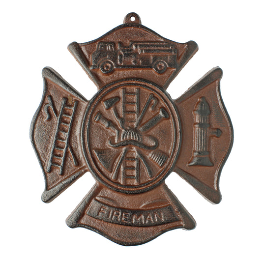 Cast Iron Fireman Firefighter Wall Plaque Cross Shield Rustic Brown Patina 9 in
