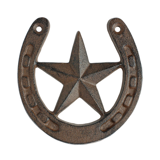 Rustic Lucky Horseshoe Star Cast Iron Decorative Brown Western Decor 5 x 4 3/4"