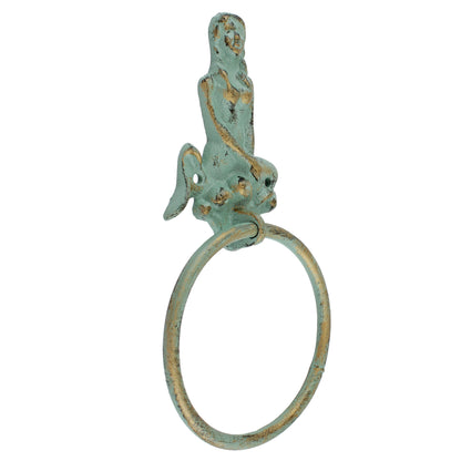 Cast Iron Mermaid Hand Towel Ring Wall Mounted Verdigris Patina Nautical Decor