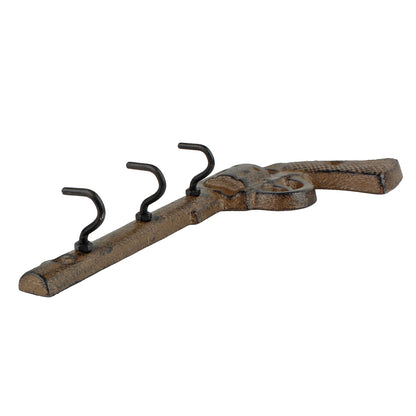 Gun Pistol Revolver Wall Hook Key Rack Cast Iron Rustic Western Brown Patina