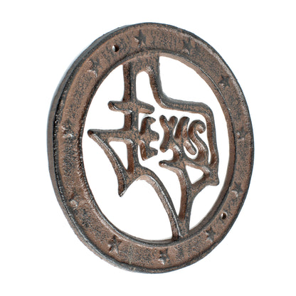 Cast Iron Texas Map Circle With Stars Wall Decor Plaque Rustic Western 6.5 inch