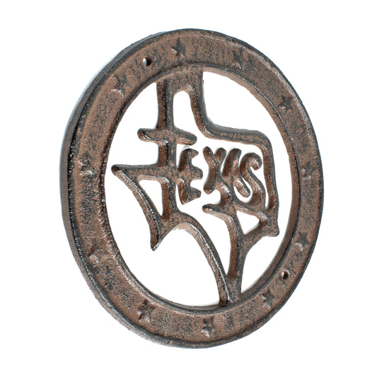 Cast Iron Texas Map Circle With Stars Wall Decor Plaque Rustic Western 6.5 inch