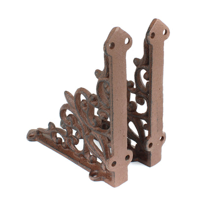 2 Cast Iron Fleur De Lis Vines Shelf Bracket Corner Brace Rustic Brown 5 1/2 in