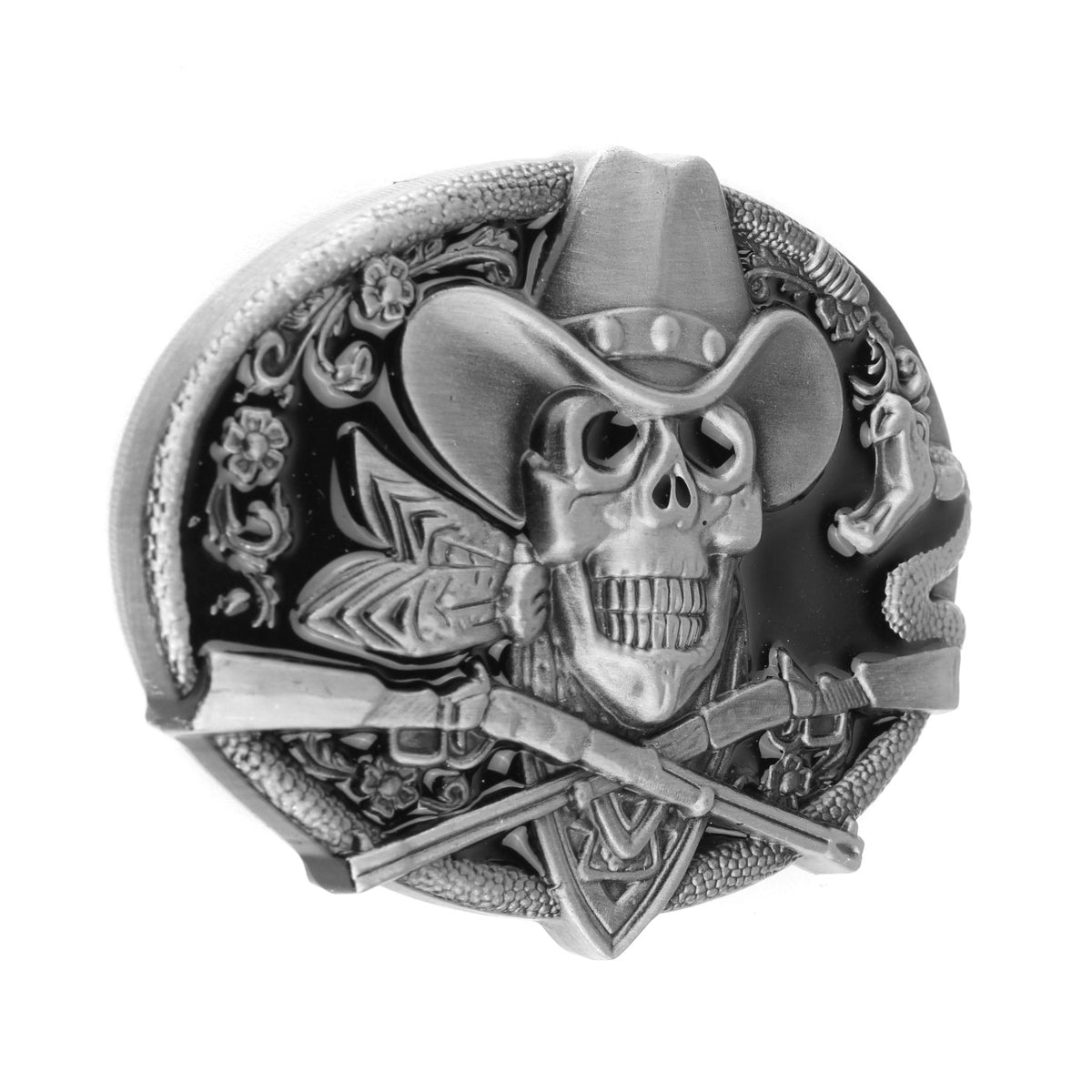 Dead Cowboy Belt Buckle Skull Crossed Guns Rattlesnake Western Fits 1.5 inch Belt