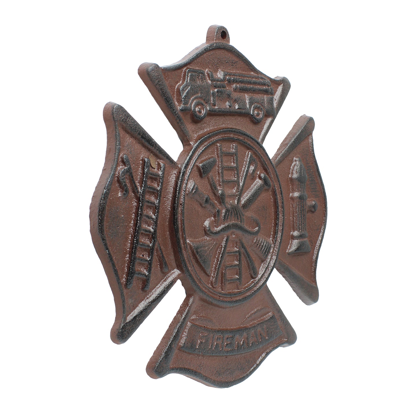 Cast Iron Fireman Firefighter Wall Plaque Cross Shield Rustic Brown Patina 9 in