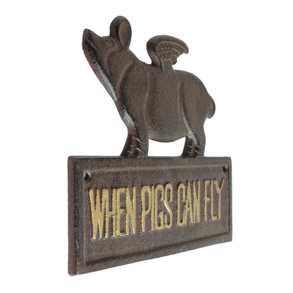 Cast Iron Flying Pig Sign When Pigs Can Fly Wall Plaque Rustic Decor 8" x 7.5"