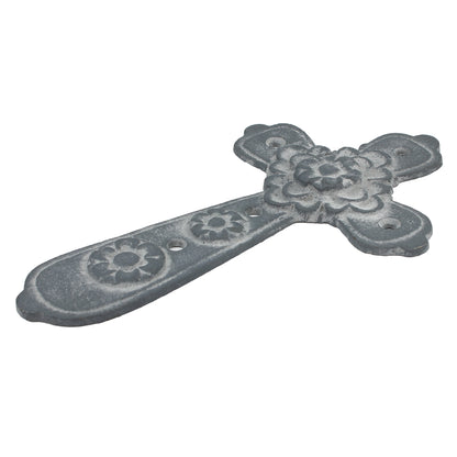 Small Flower Wall Cross Cast Iron Rustic Gray Finish Antique Style 8 x 4.5 inch